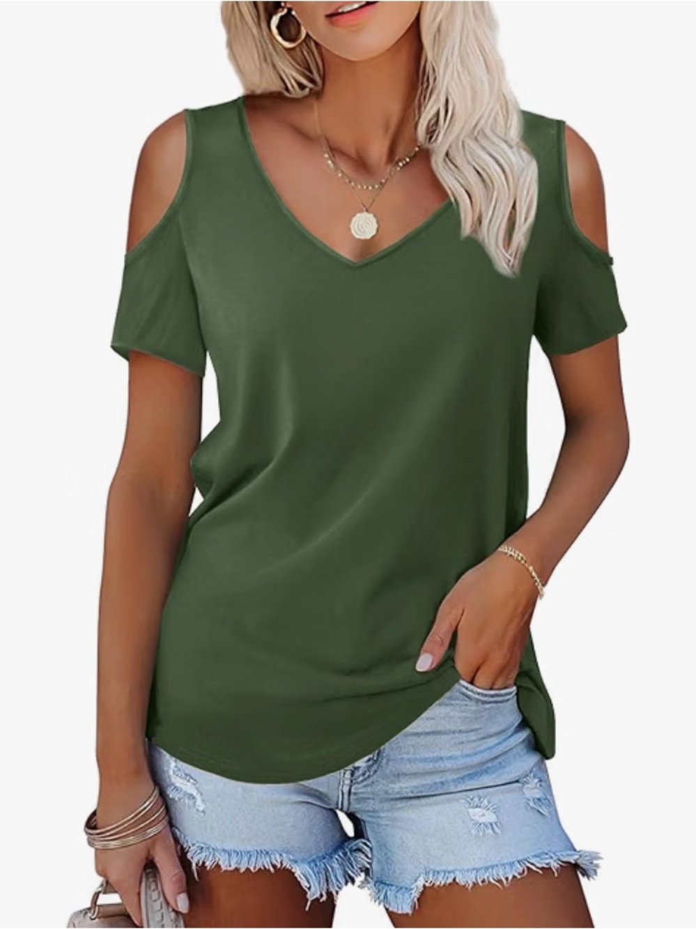 Amoretu Women's Short Sleeve Shirts Cold Shoulder Tops V Neck Blouse Tunic Shirt